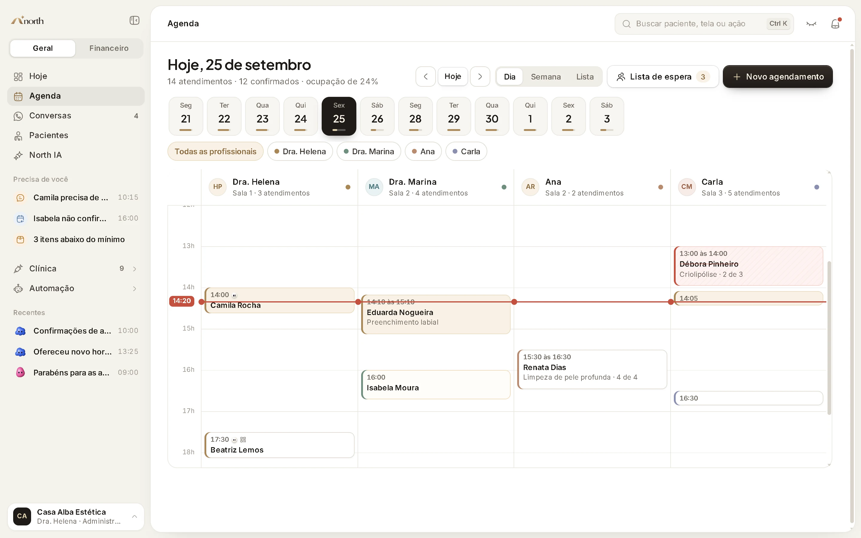 Agenda do dia com as profissionais em colunas, a linha do agora e os atendimentos marcados.