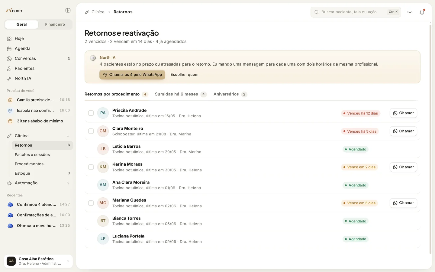 Lista de retornos por procedimento, com quem venceu, quem vence em breve e o botão para chamar pelo WhatsApp.